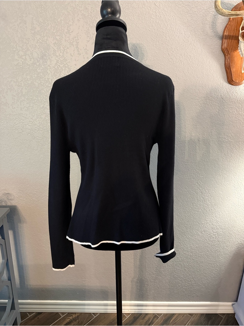 Black Cardigan with White Contrast Trim - Picture 2 of 3